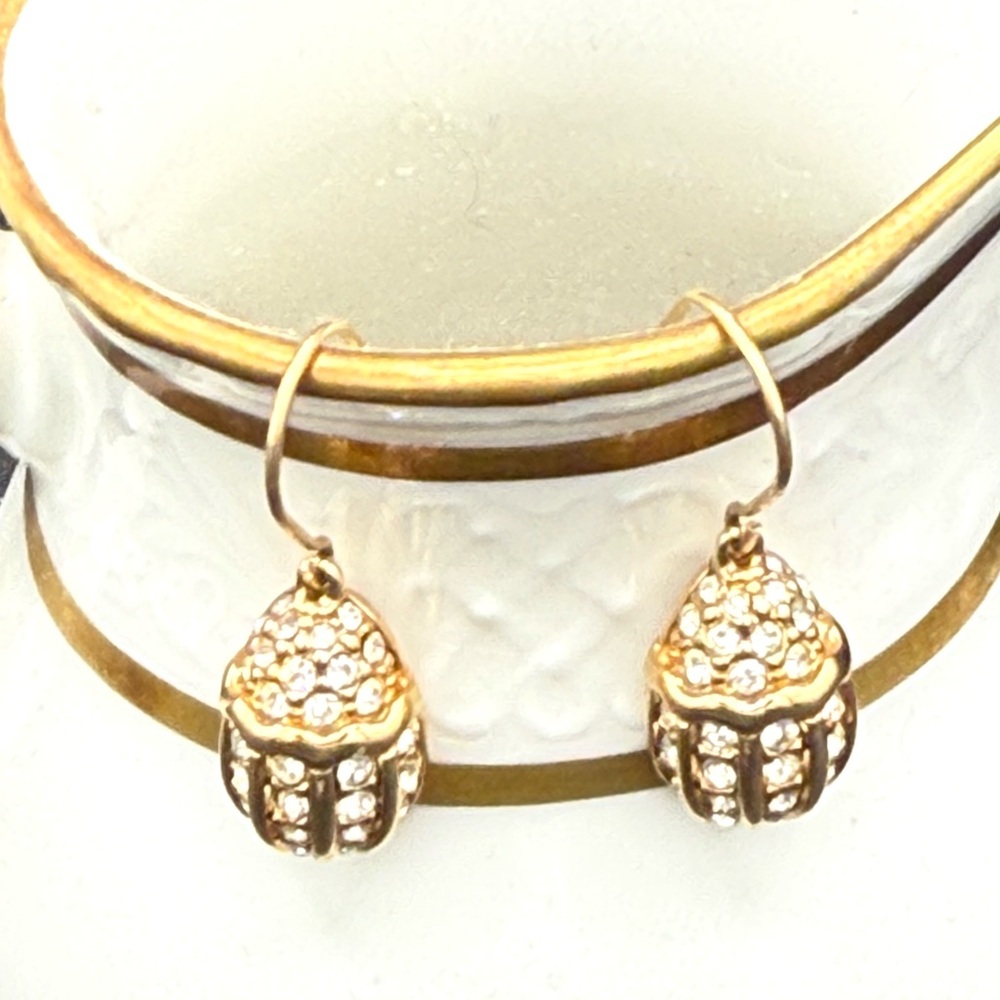 Vintage Swarovski Swan Gold Tone Pave White Crystal Dangle Drop Earrings Pair